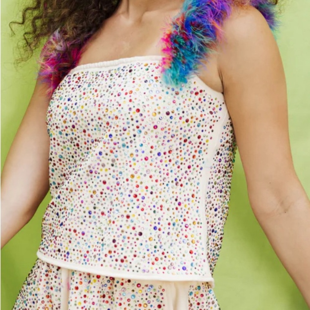 Queen of Sparkles - Ivory Rhinestone Rainbow Feather Tank